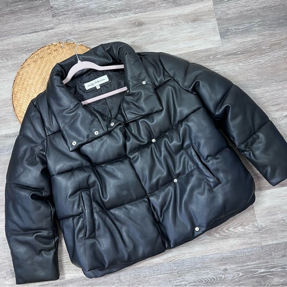 Black faux leather‎ puffer jacket
